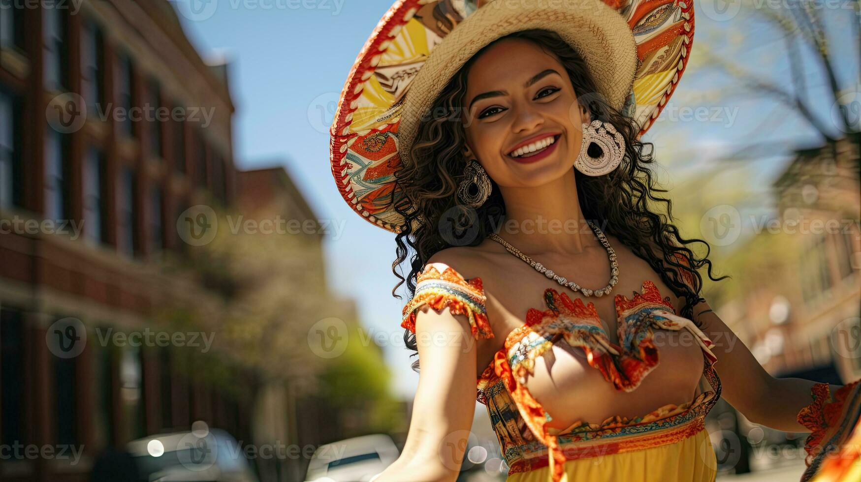 Portrait girl wearing sombrero dancing on the street of city AI Generative photo