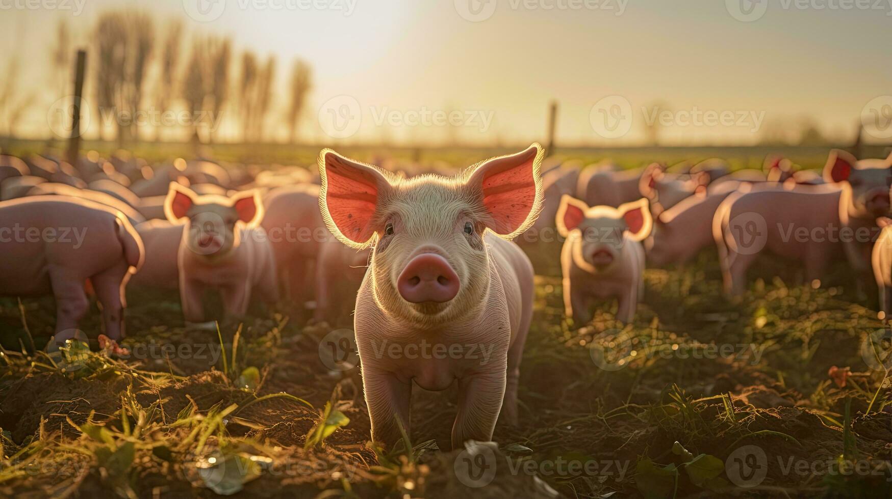 Portrait pig in the farm with light exposure AI Generative photo