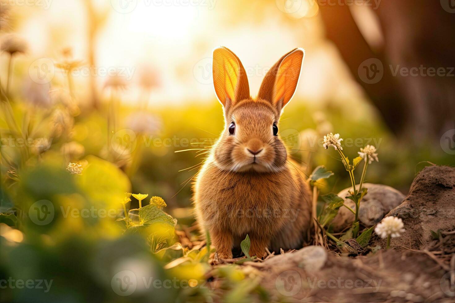 Portrait rabbit on the meadow with light exposure AI Generative photo