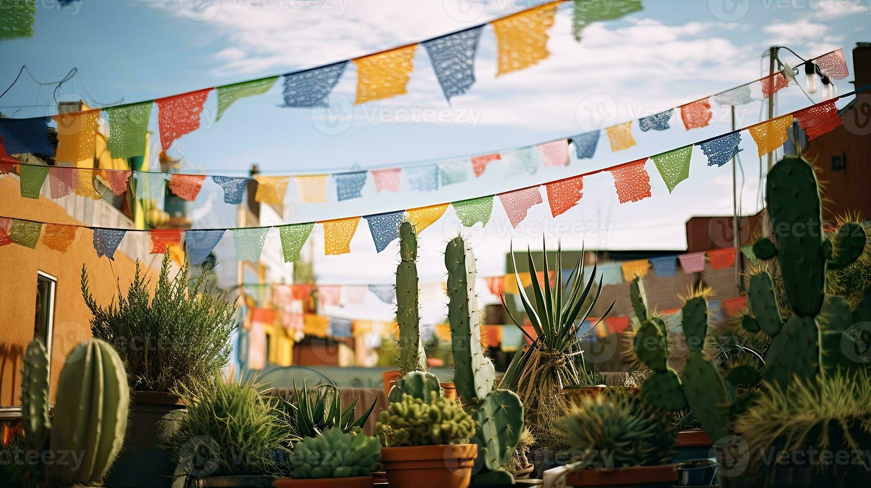 Portrait cactus on the pot with bunting AI Generative photo