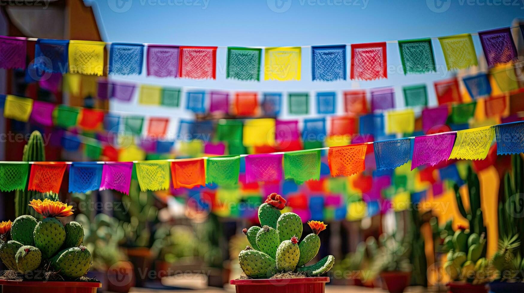 Portrait cactus on the pot with bunting AI Generative photo