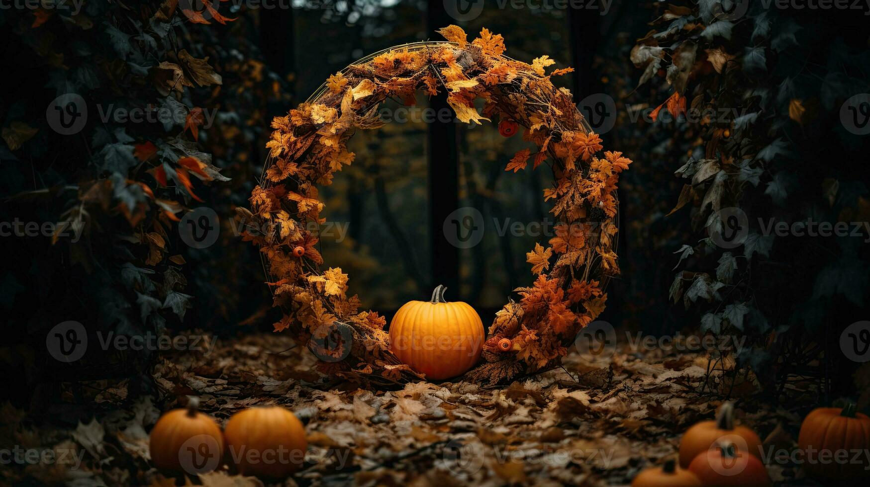 retrato calabaza con otoño hoja guirnalda ai generativo foto