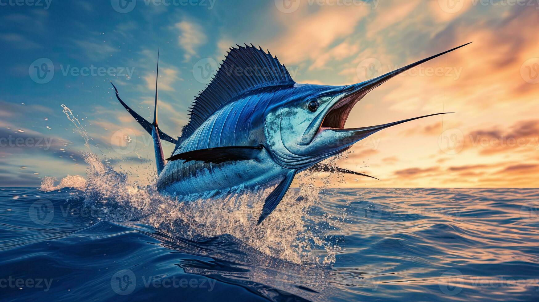 Portrait blue marlin fish jumping over the sea AI Generative photo