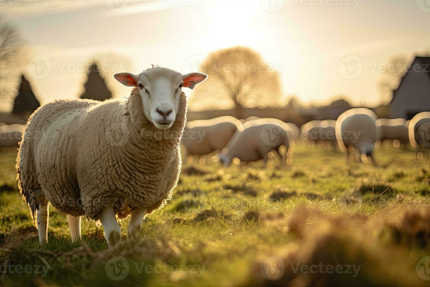 Portrait sheep in the middle farm with light exposure AI Generative photo