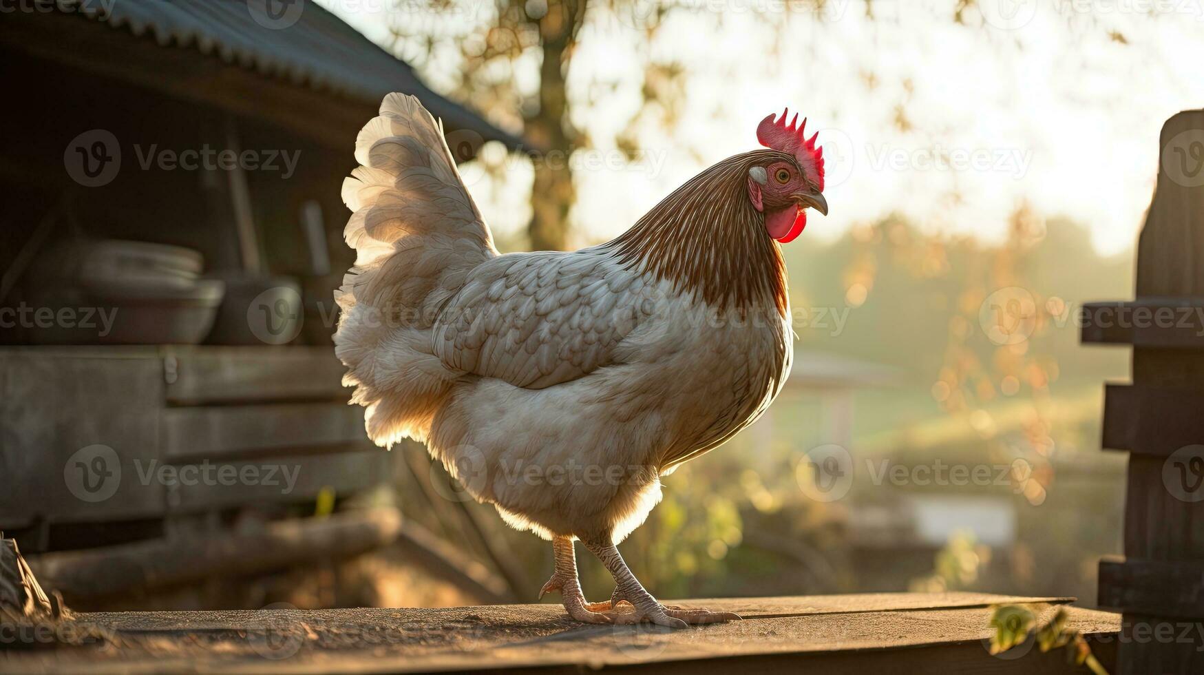Portrait chicken in the farm with light exposure AI Generative photo