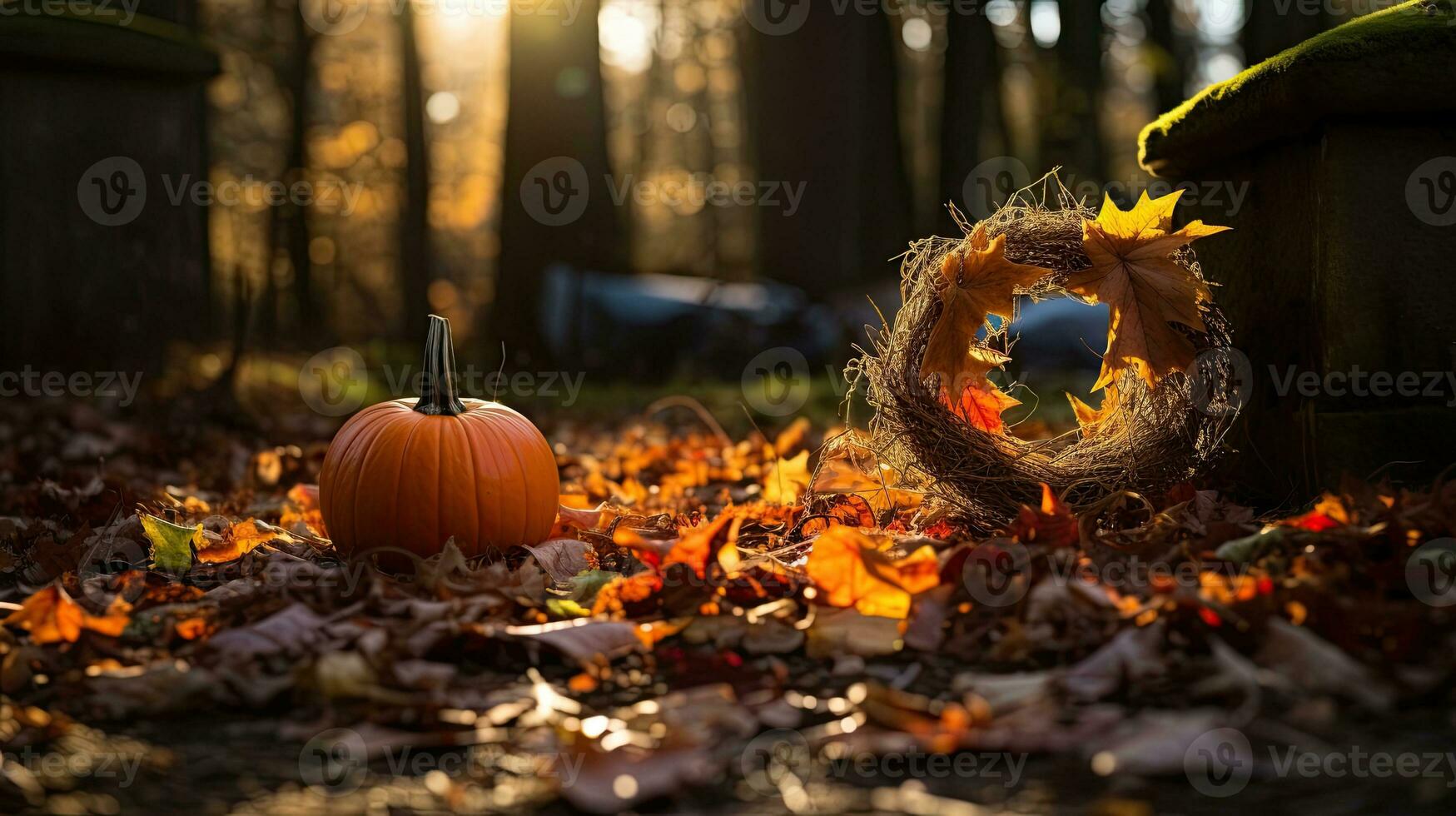 Portrait pumpkin on the forest with light exposure AI Generative photo