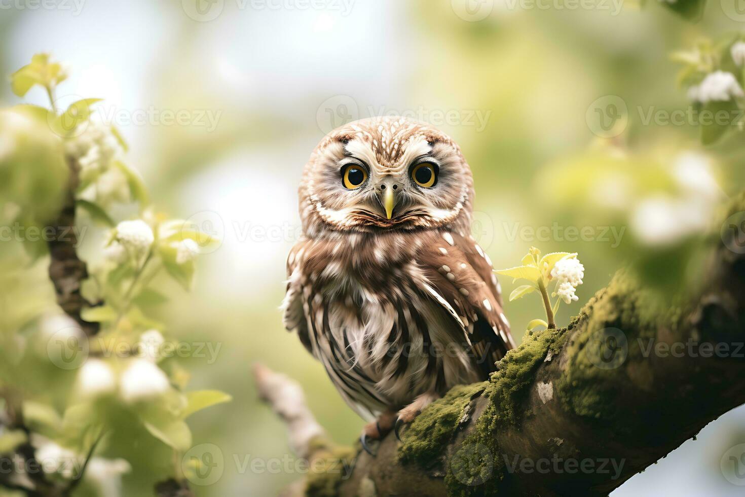 brown owl on tree branch, ai generative photo