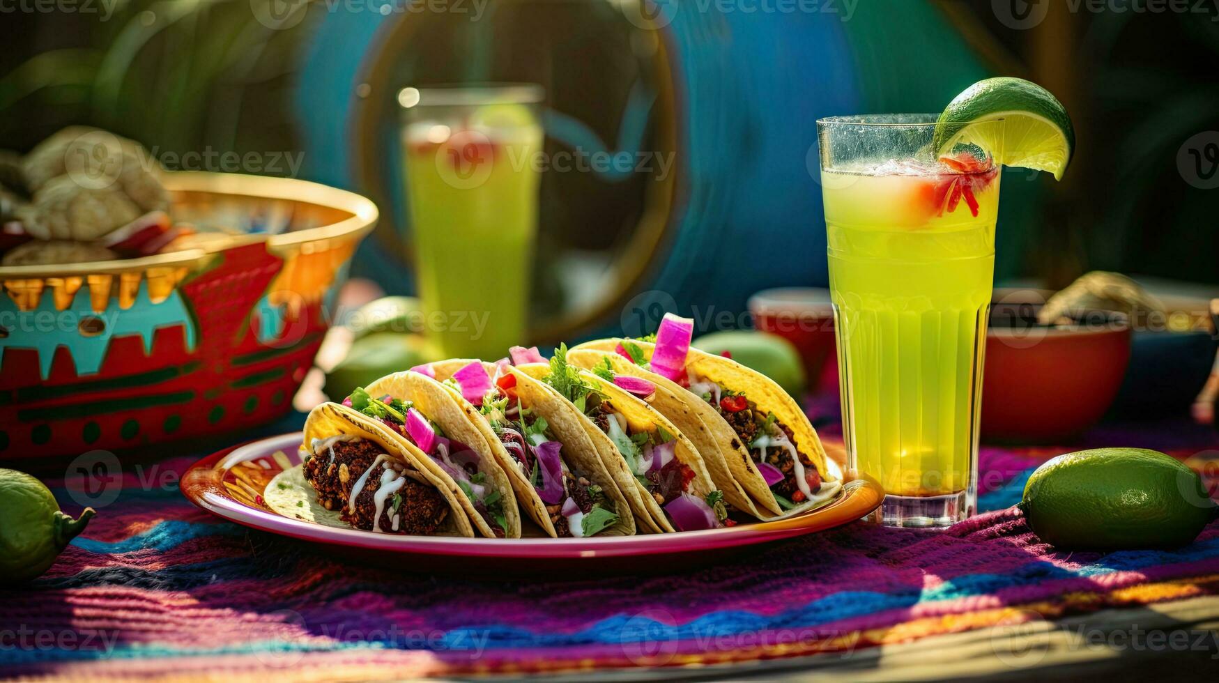 Delicious tacos with drink on the table AI Generative photo