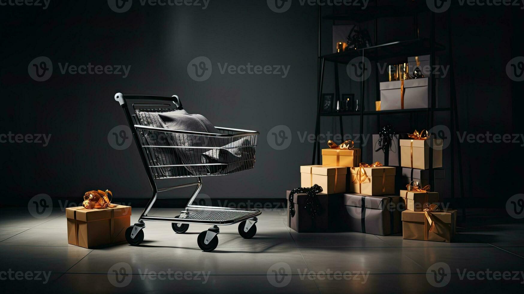 Portrait shopping cart with gift boxes AI Generative photo