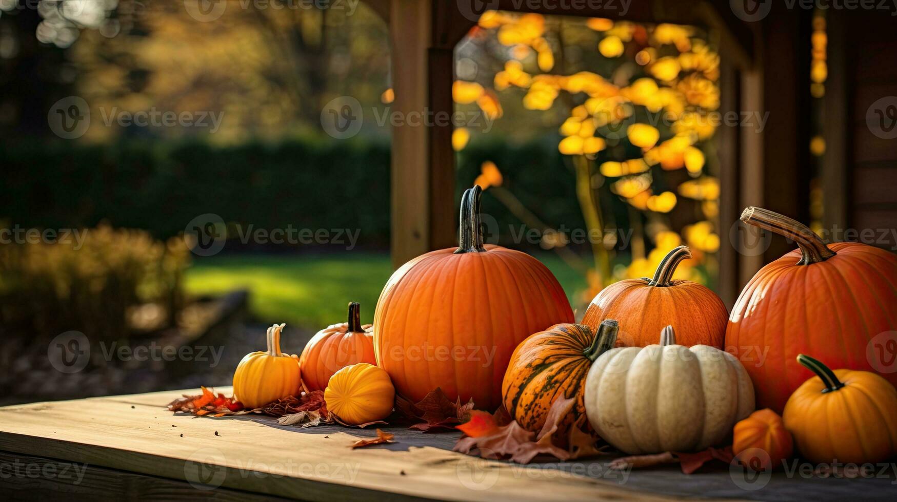 Portrait pumpkin on the wooden table photo