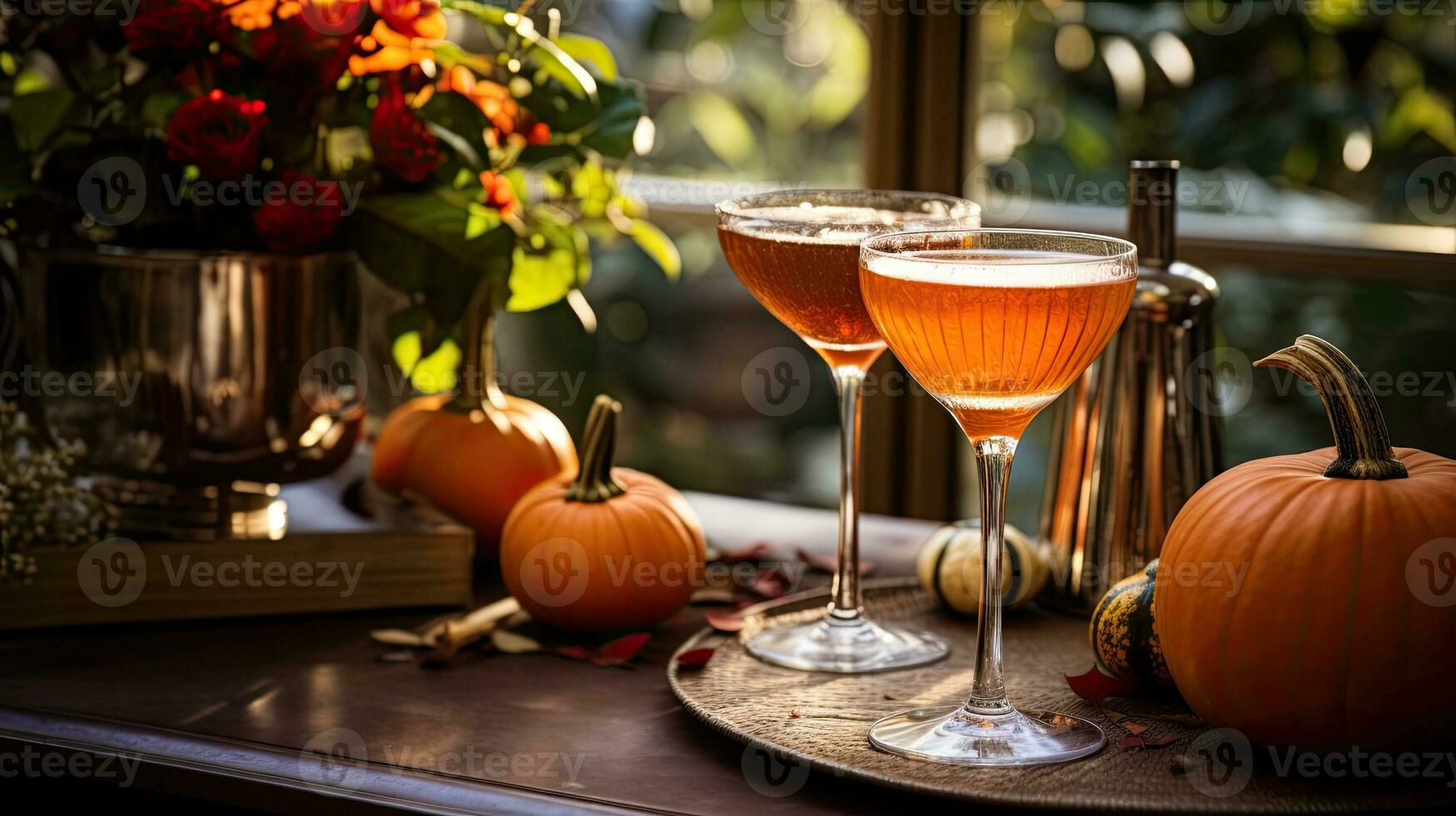 A Glass cocktail with autumn leaf on the table AI Generative photo