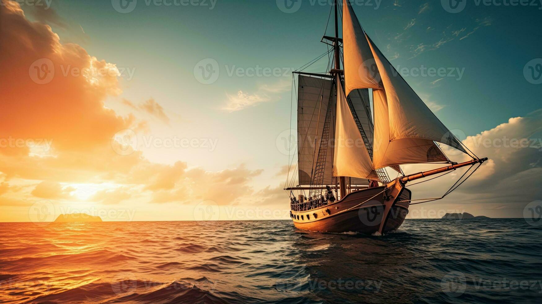 Portrait Pinisi ship sailing on the sea with light exposure AI Generative photo