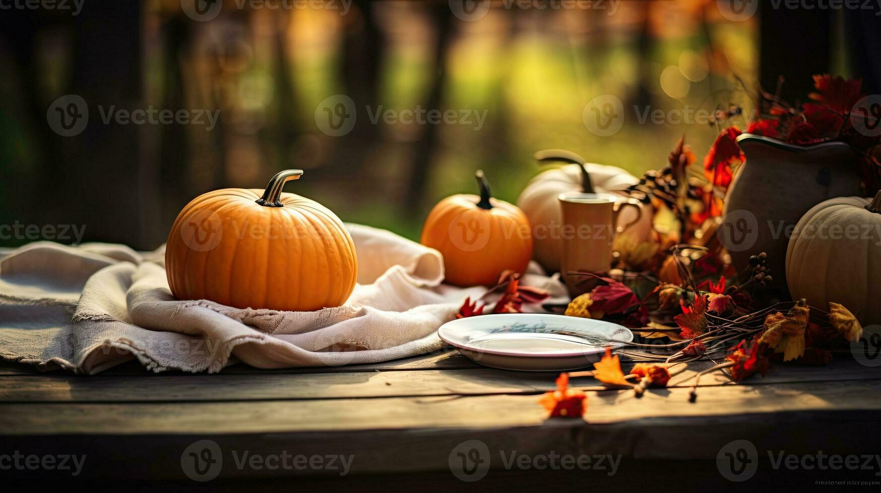 Portrait pumpkin on the wooden table AI Generative photo