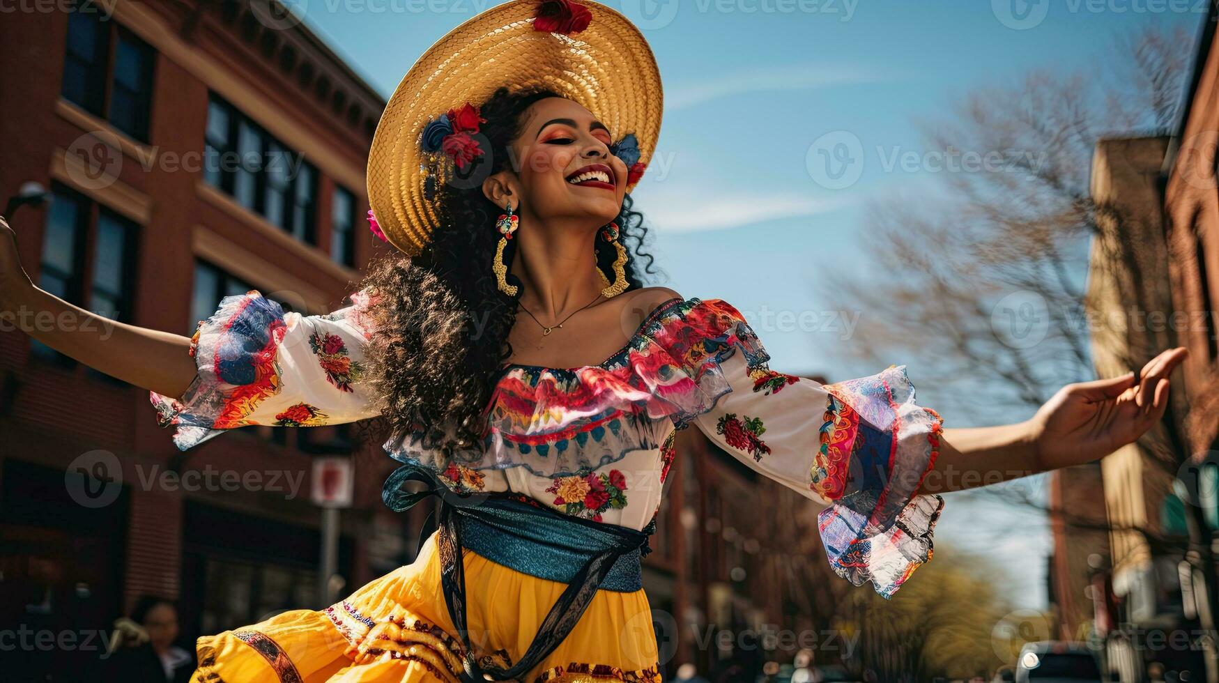 Portrait girl wearing sombrero dancing on the street of city AI Generative photo