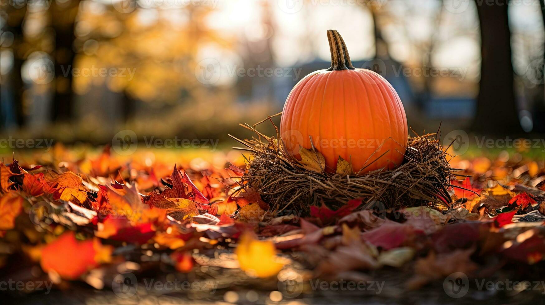 Portrait pumpkin on the forest with light exposure AI Generative photo