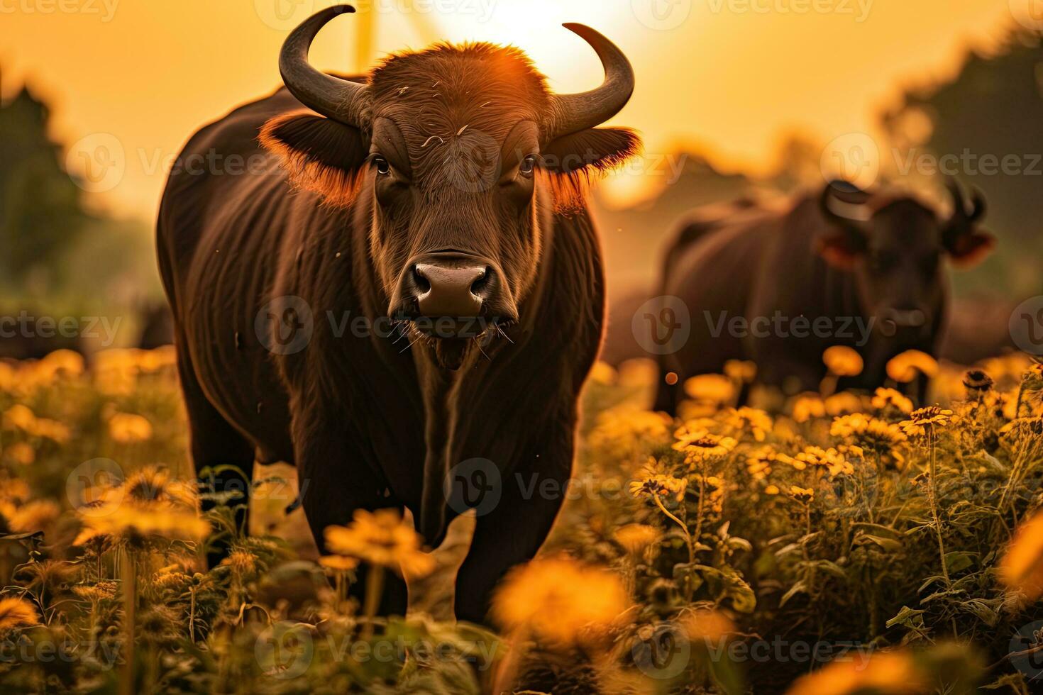 Portrait buffalo on the flower garden with light exposure AI Generative photo