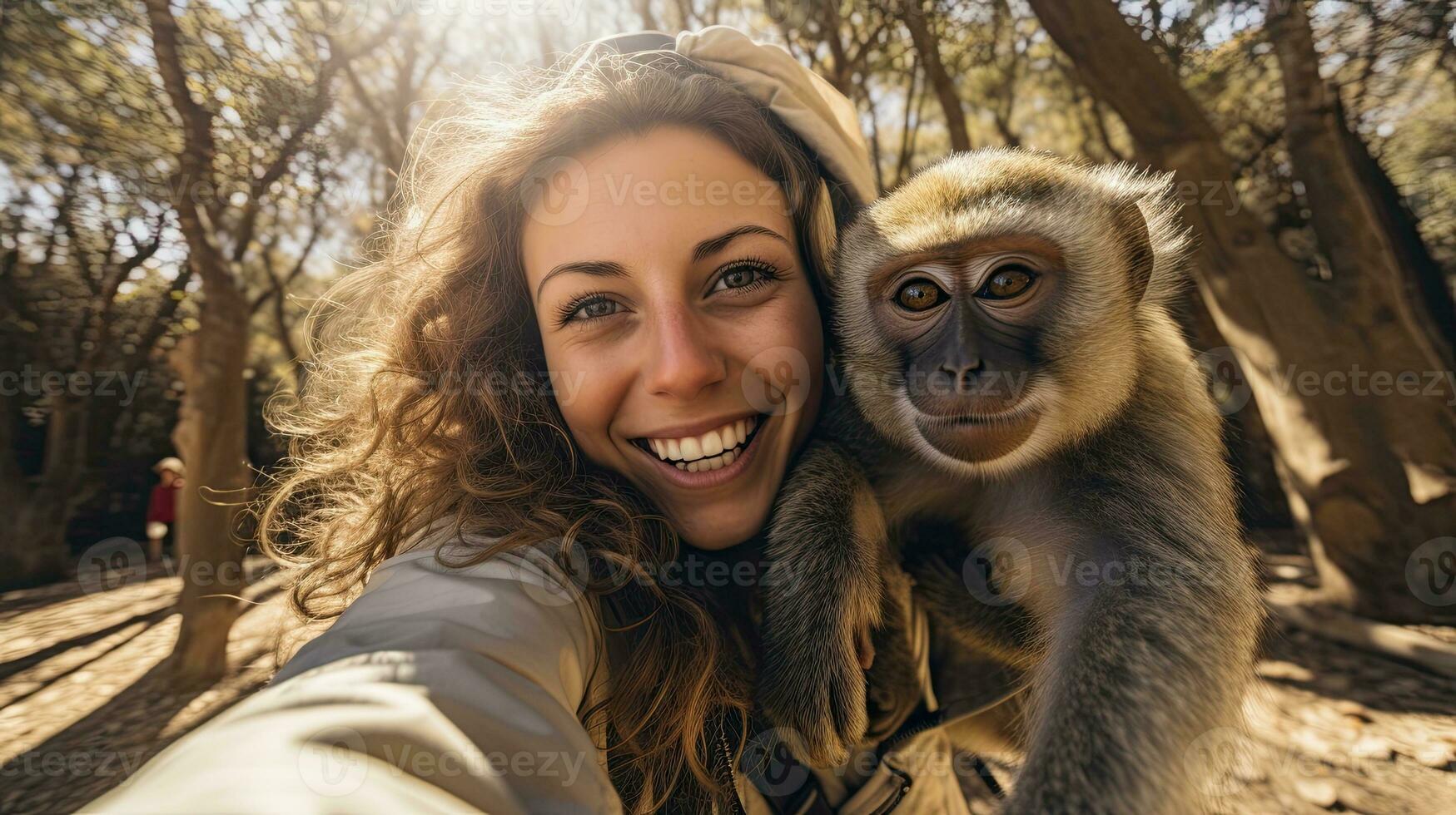 Portrait beautiful woman talking selfie with monkey AI Generative photo