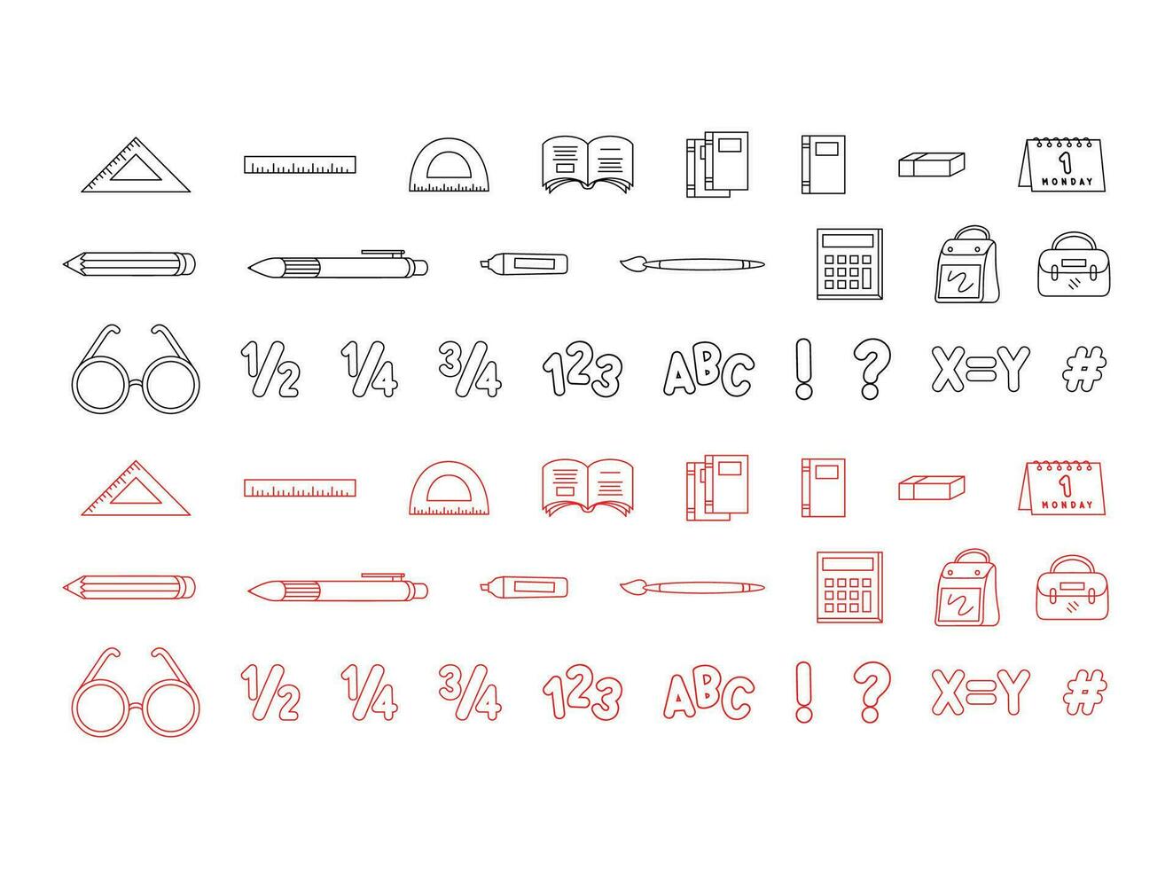 School supplies vector icon set. Hand drawn school supplies, essential school things for students.