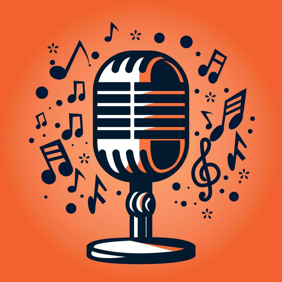 Vintage microphone with separated music notes on orange background. Vector illustration EPS 10.