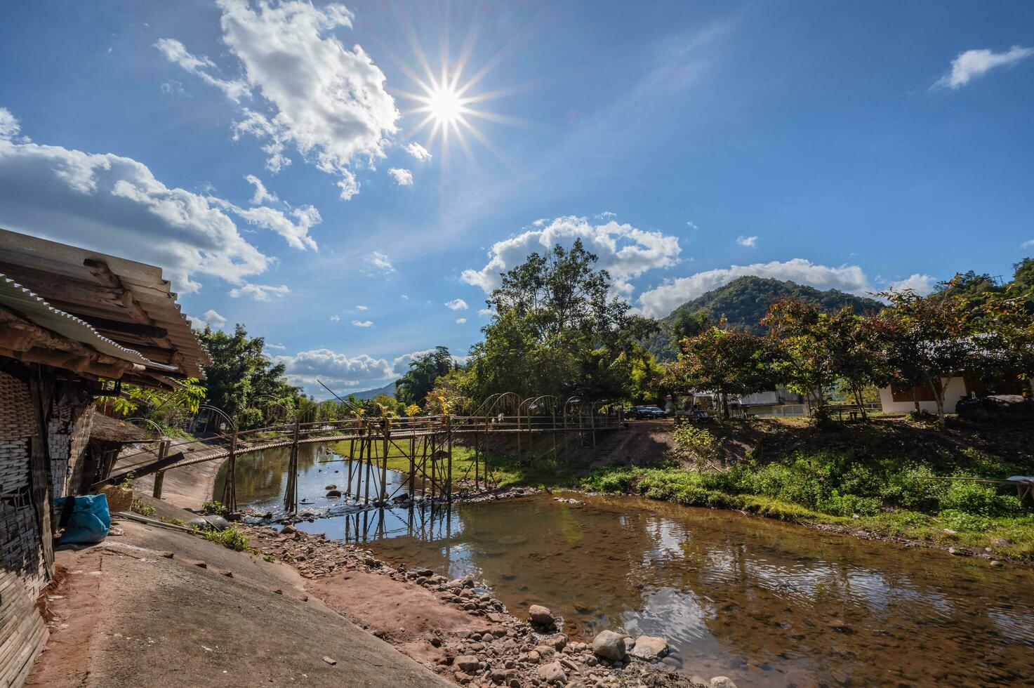 Landscape view of mountains and river of Boklua Village At nan Thailand.Boklua is ancient salt well in thailand .Thailand destination travel photo