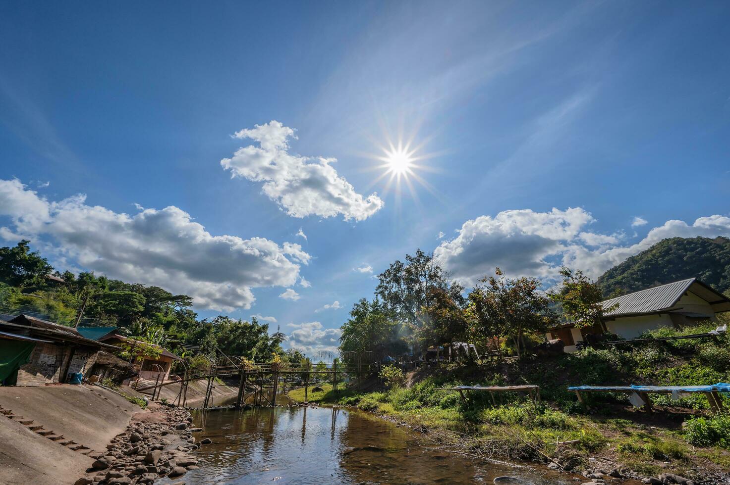 Landscape view of mountains and river of Boklua Village At nan Thailand.Boklua is ancient salt well in thailand .Thailand destination travel photo