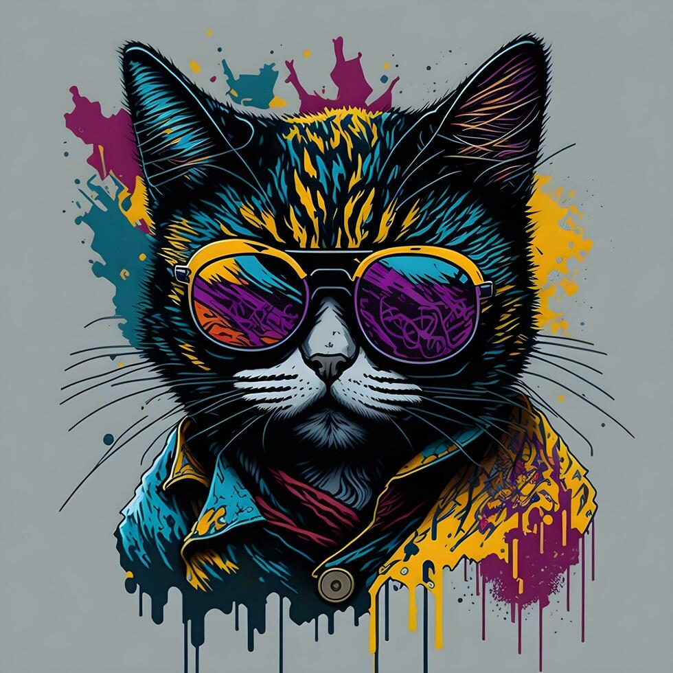 colorful graffiti of a funny cat wearing a shirt and sunglasses. printable design for t-shirt photo