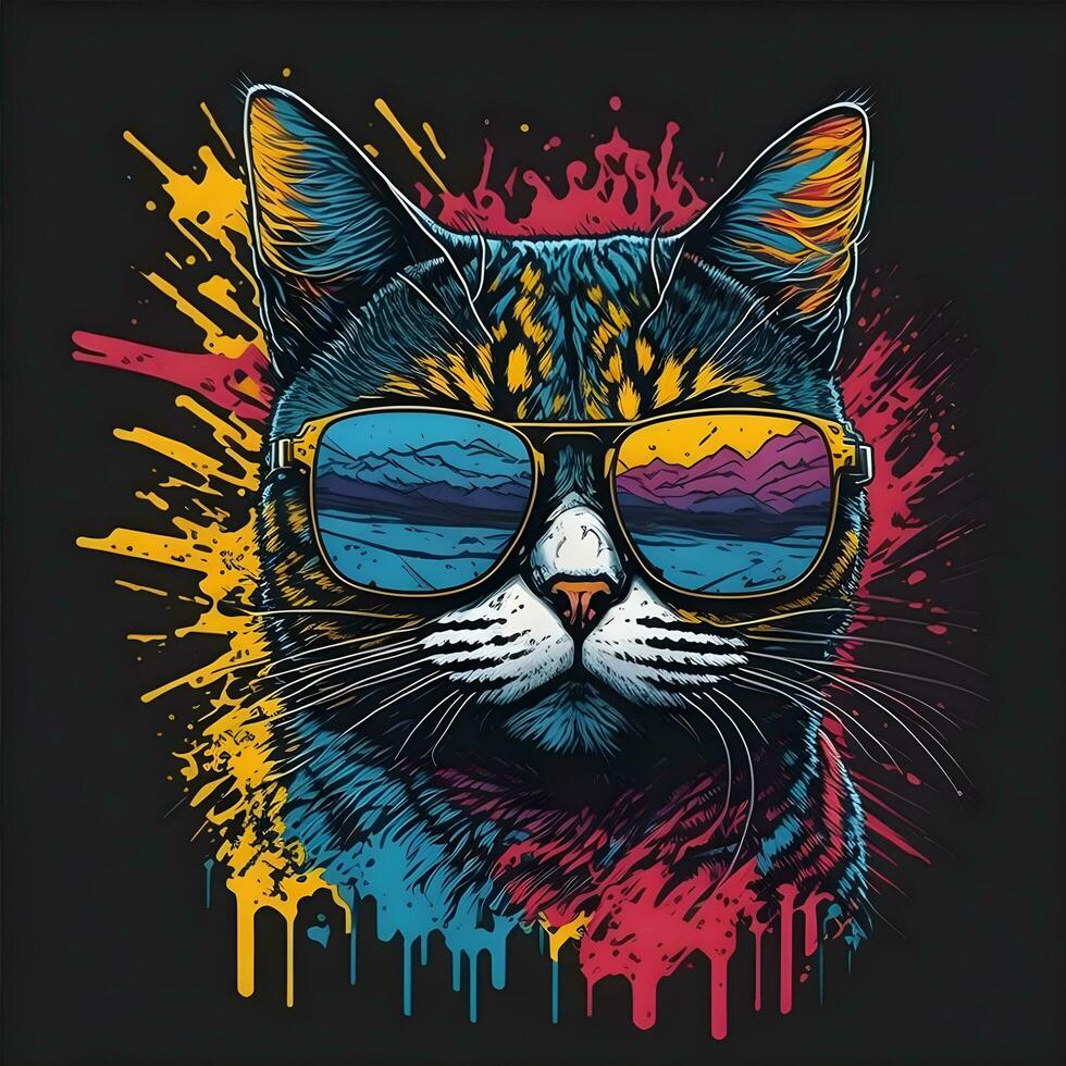 colorful graffiti of a funny cat wearing a shirt and sunglasses. printable design for t-shirt photo