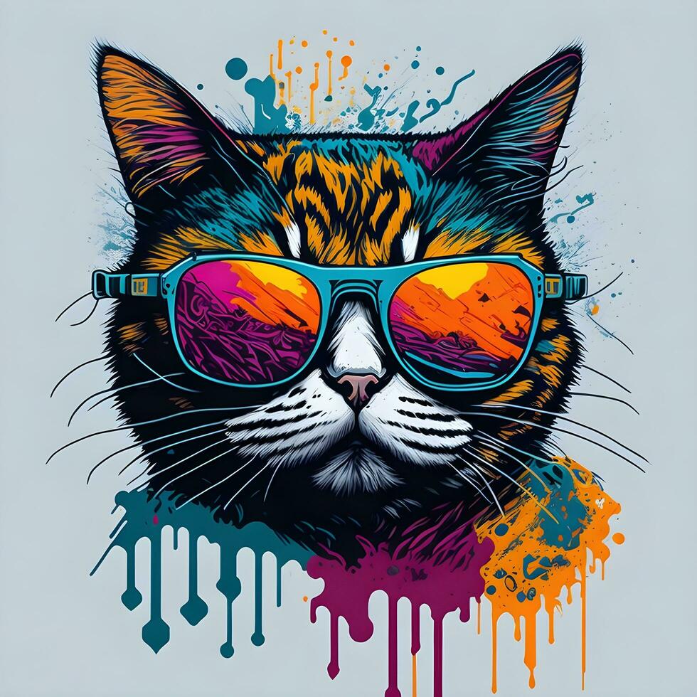colorful graffiti of a funny cat wearing a shirt and sunglasses. printable design for t-shirt photo