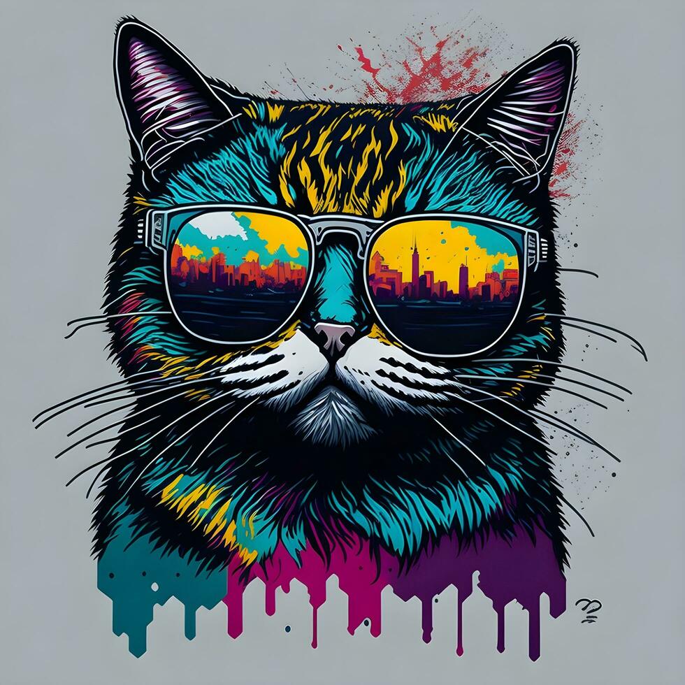 colorful graffiti of a funny cat wearing a shirt and sunglasses. printable design for t-shirt photo