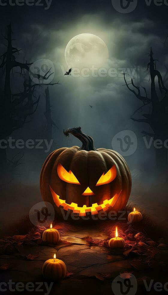 Spooky Halloween Pumpkin in Fire and Darkness AI generated photo