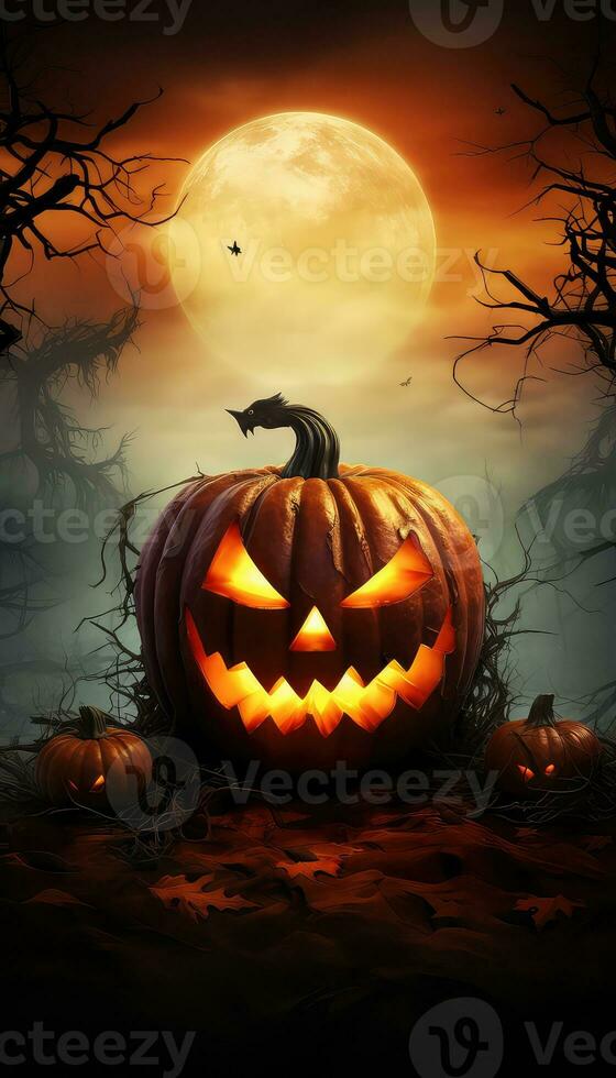 Spooky Halloween Pumpkin in Fire and Darkness AI generated photo