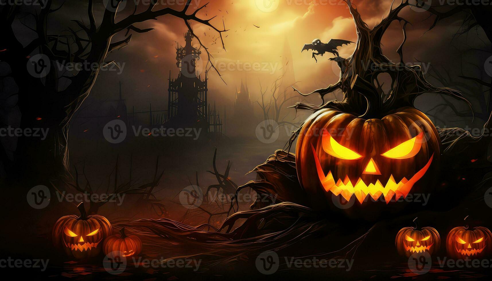 Spooky Halloween Pumpkin in Fire and Darkness AI generated photo