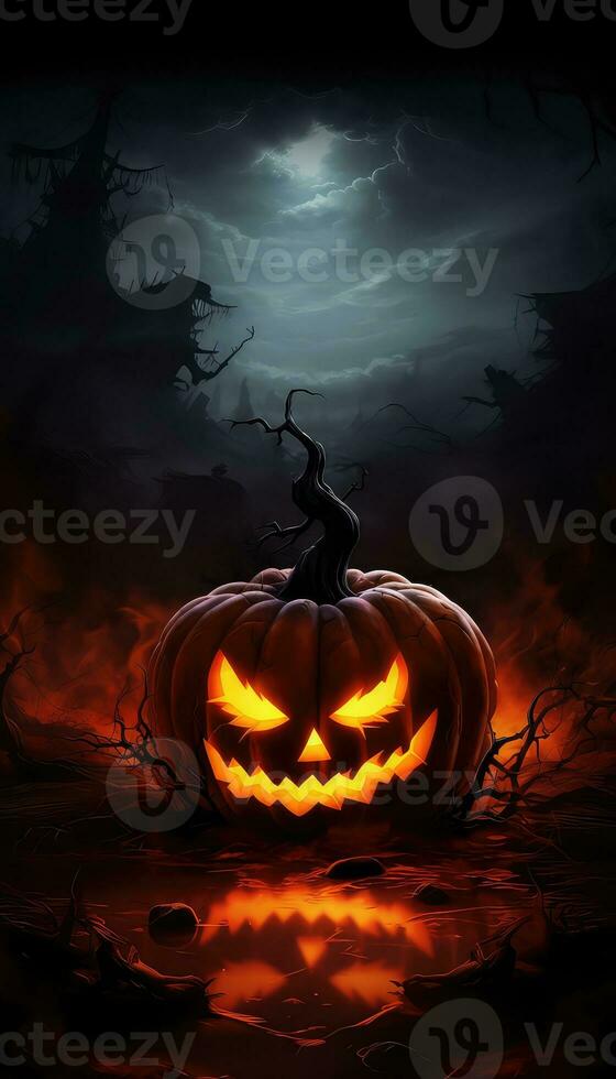 Spooky Halloween Pumpkin in Fire and Darkness AI generated photo