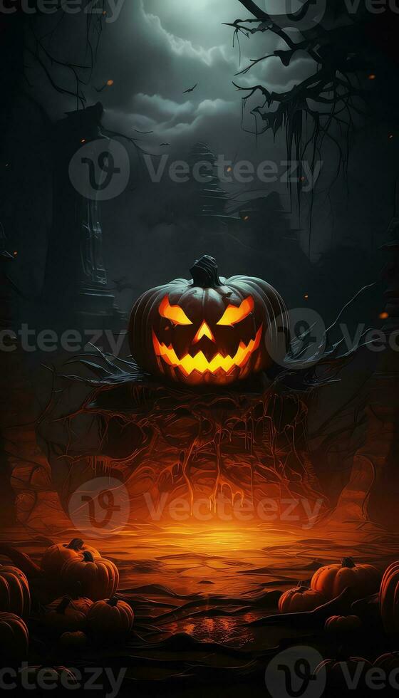 Spooky Halloween Pumpkin in Fire and Darkness AI generated photo