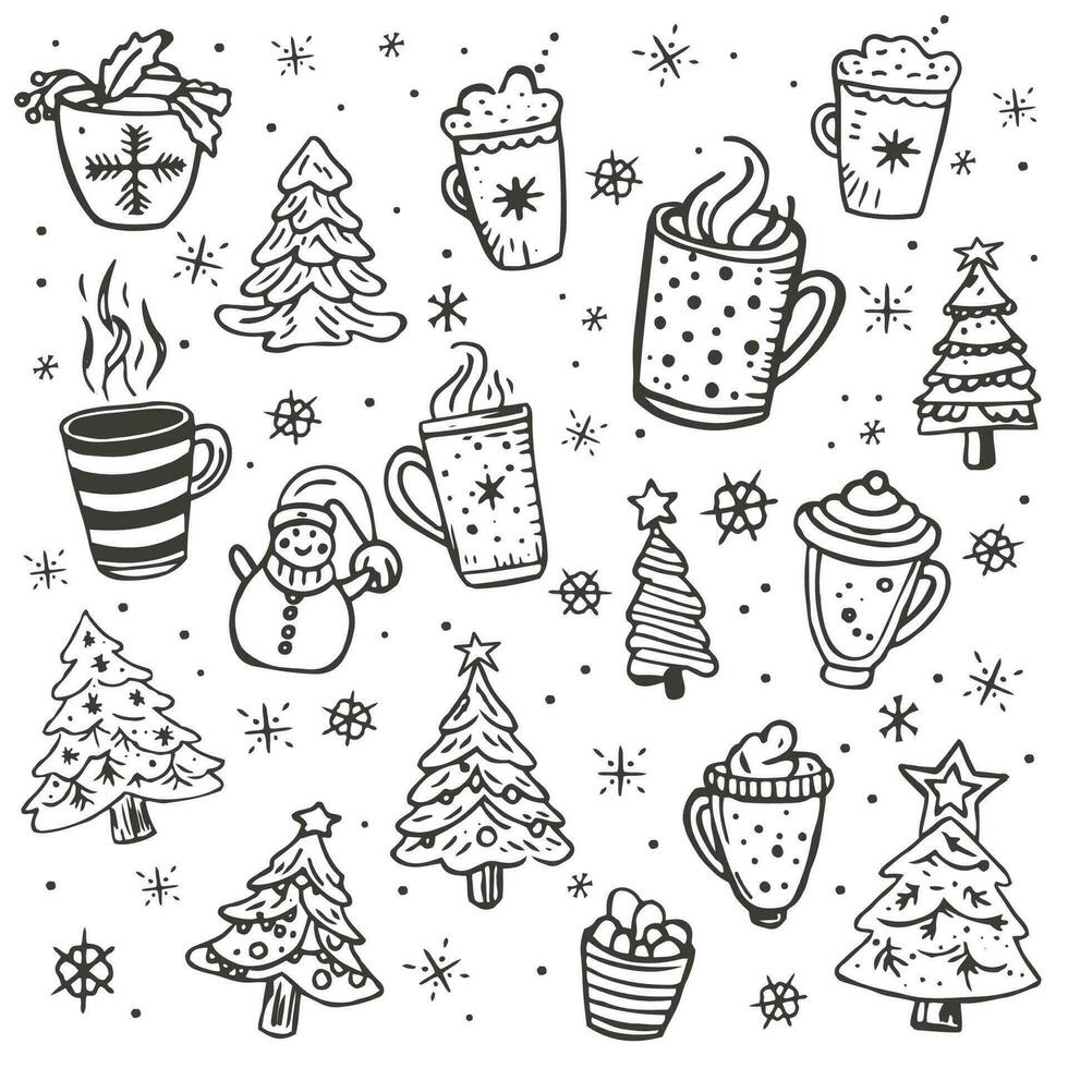 New Year doodle illustration of cozy cups with tea and hot chocolate and Christmas trees. Christmas set of doodle trees and hot drinks. vector