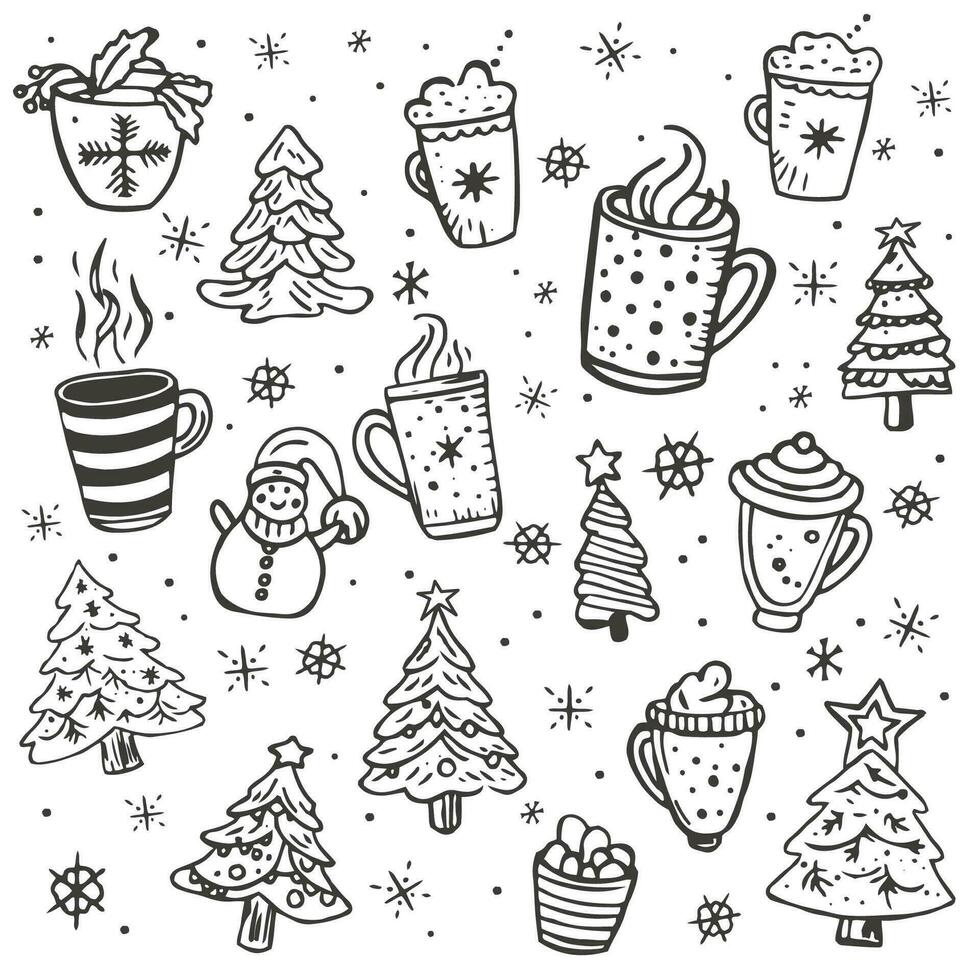 nuevo año garabatear ilustración de acogedor tazas con té y caliente chocolate y Navidad arboles Navidad conjunto de garabatear arboles y caliente bebidas vector