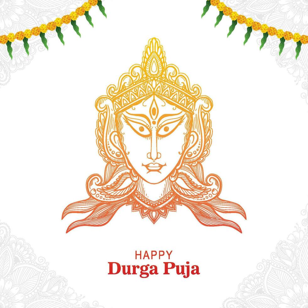 Goddess durga face in happy durga puja card background vector