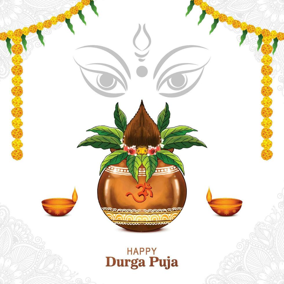Goddess durga face for kalash happy durga puja card background vector