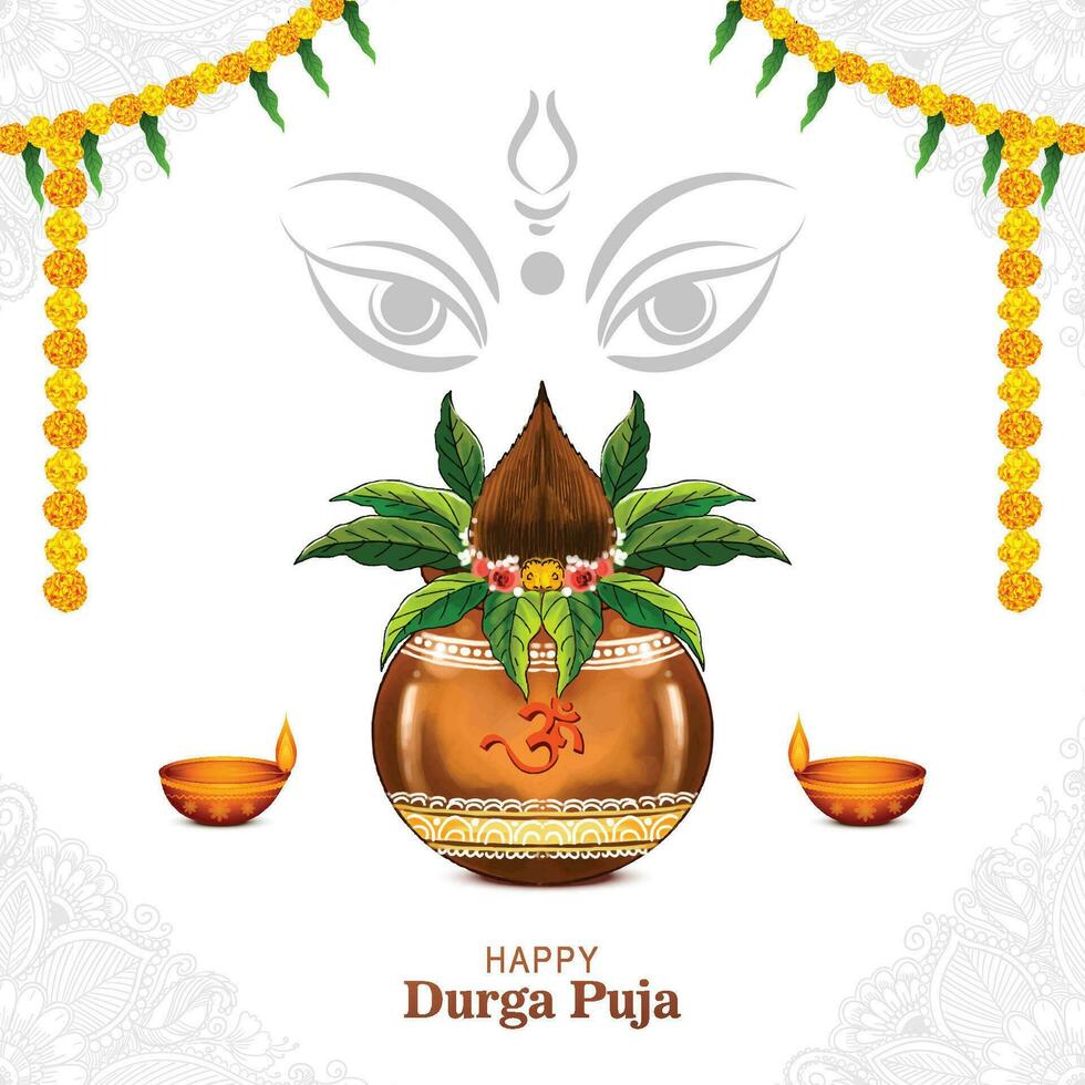 diosa Durga cara para kalash contento Durga puja tarjeta antecedentes vector