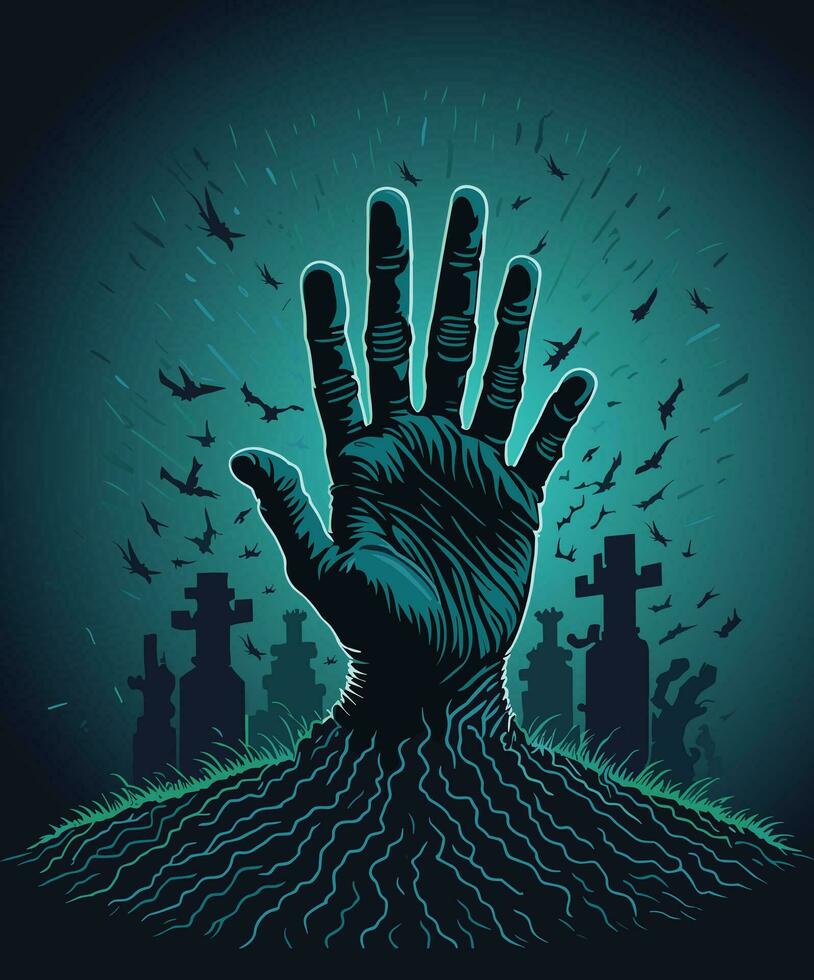 Halloween 76  zombie hand rising from a freshly dug grave in a creepy cemetery vector