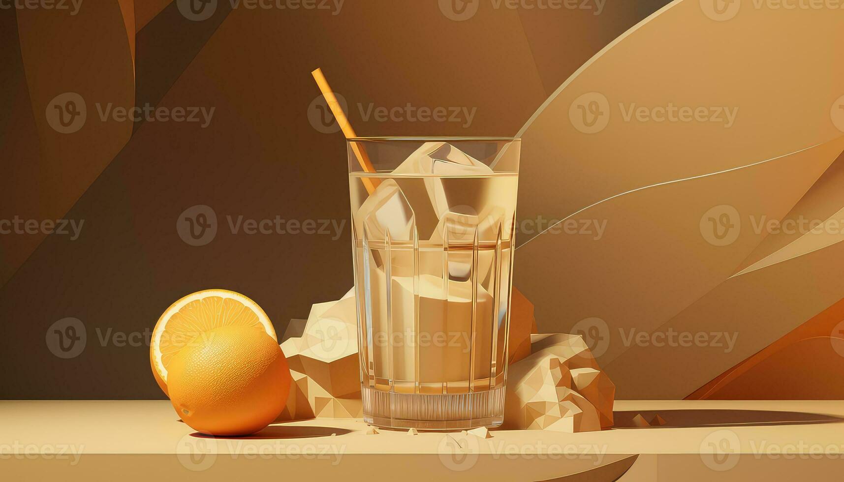 Desertwave Cold Drink with Orange Peels and Hurufiyya Leaves on Matte Beige AI generated photo
