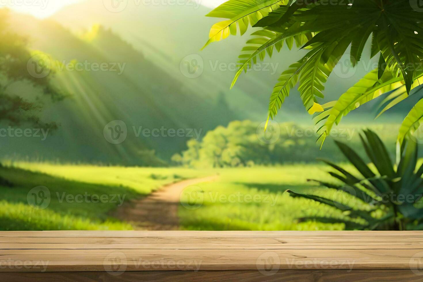 An Empty Rustic Wood Product Display Table In The Middle Of A Nature Premade Photo Mockup Background