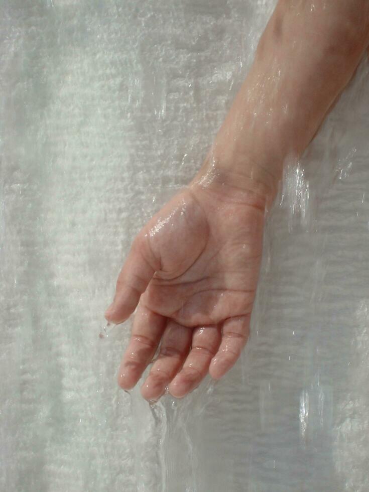a person holding a plastic bag over their hand photo