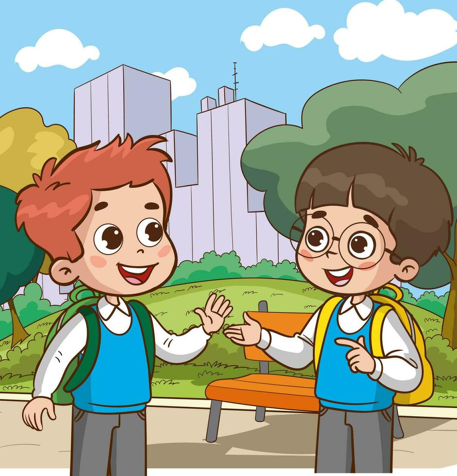 vector illustration of happy cute kids student talking