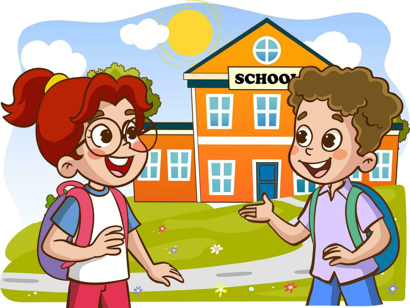 vector illustration of happy cute kids student talking