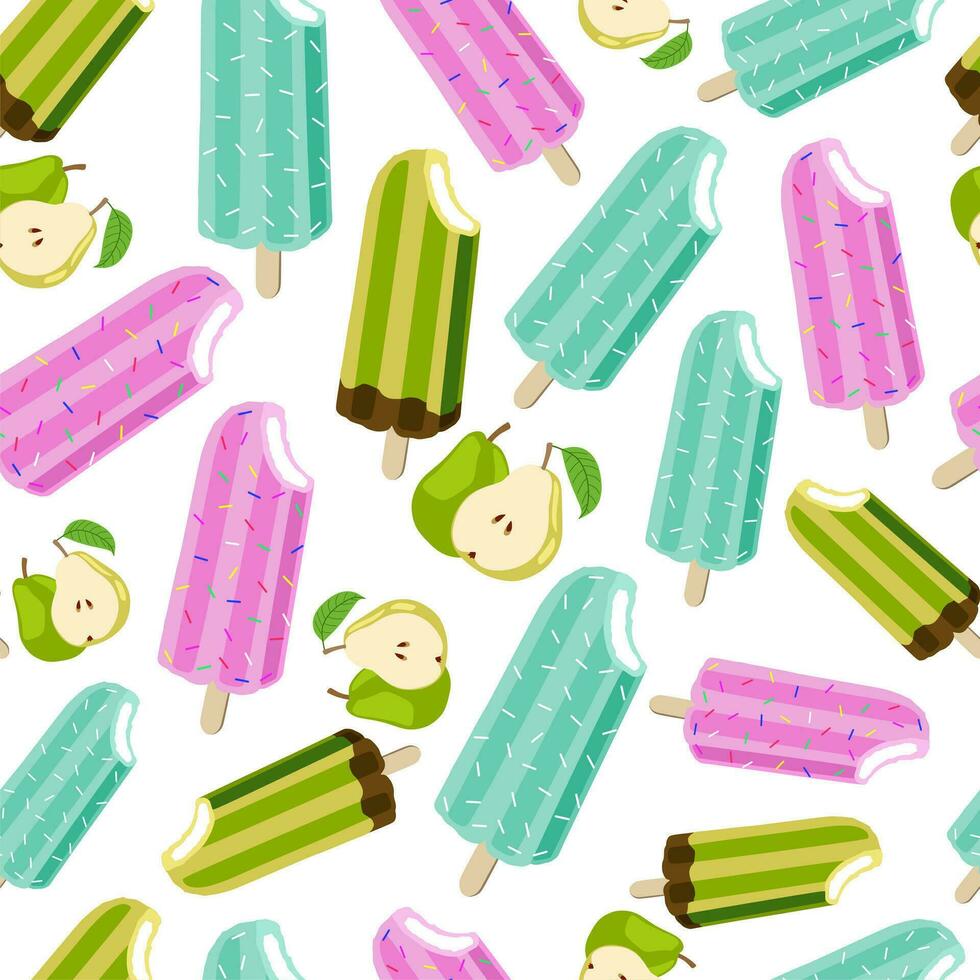 Assorted ice cream seamless pattern. Pear flavor. Green and violet colors on white background. vector