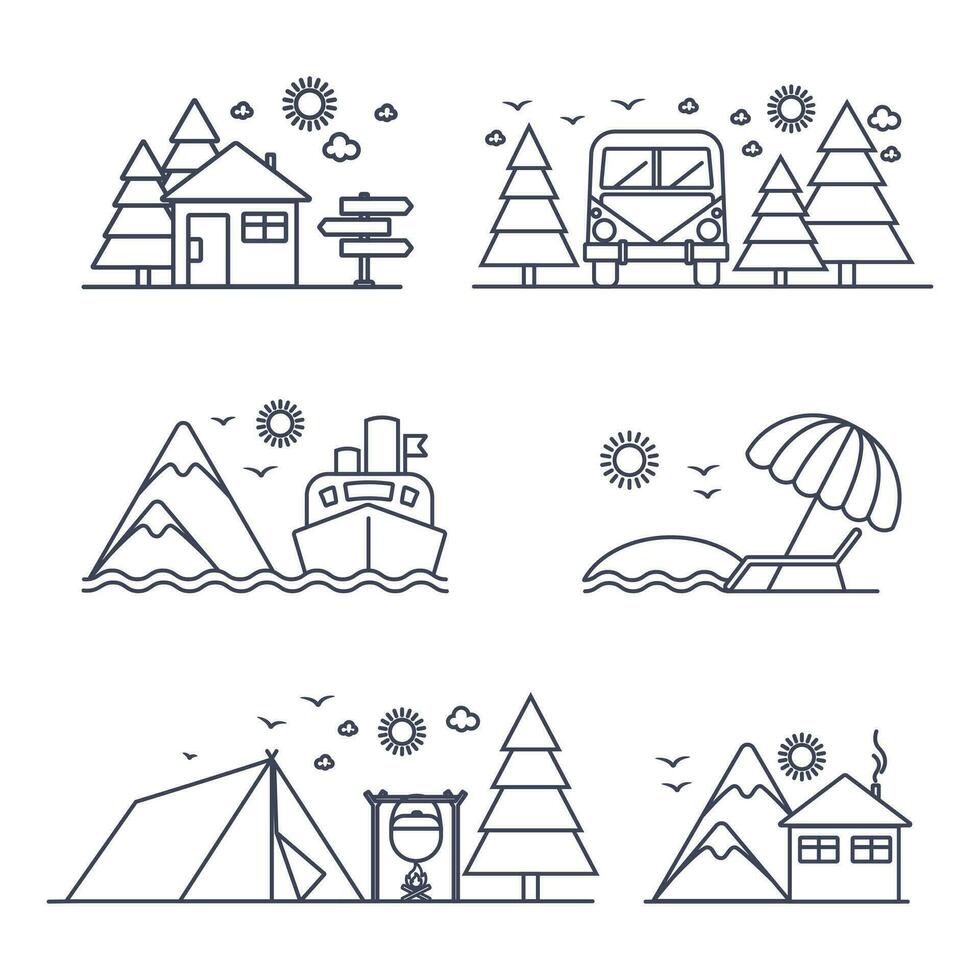 Set of simple travel icons. Vacation hiking in the mountains and resort in nature icon collection. Vector line illustrations