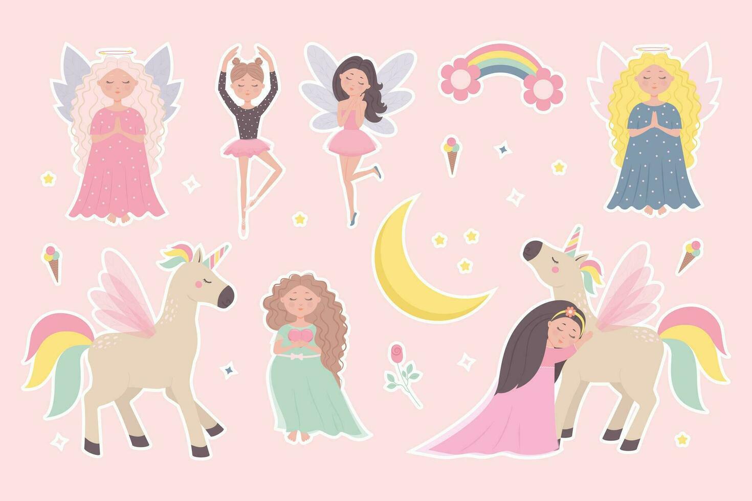 pegatina paquete de hadas princesas y unicornios plano dibujos animados estilo. vector ilustración de linda niños caracteres aislar