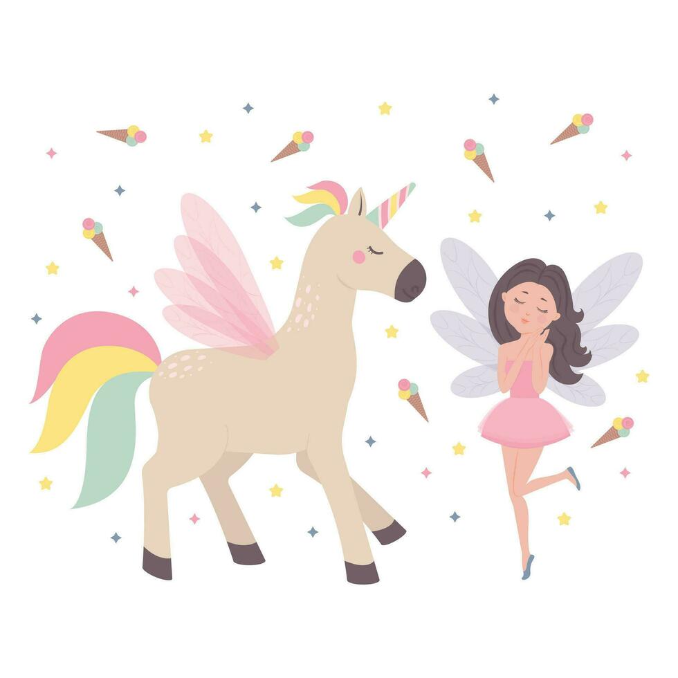 Cute flying fairy and unicorn are childrens fairy tale characters. Flat cartoon vector illustration