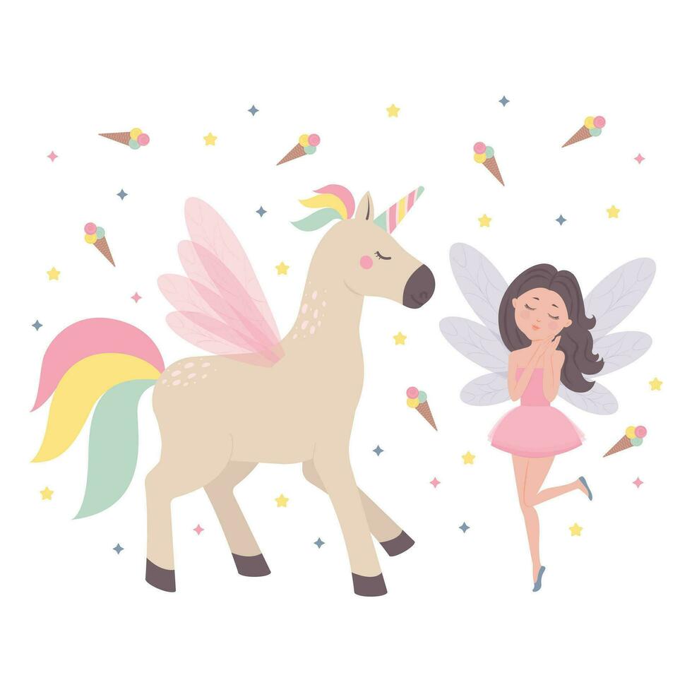 linda volador hada y unicornio son para niños hada cuento caracteres. plano dibujos animados vector ilustración